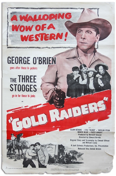 27'' x 41'' One-Sheet Poster for The Three Stooges Film ''Gold Raiders'', United Artists 1951 -- NSS# 51/524 -- Shallow Folds & Chipping to Edges, Very Good